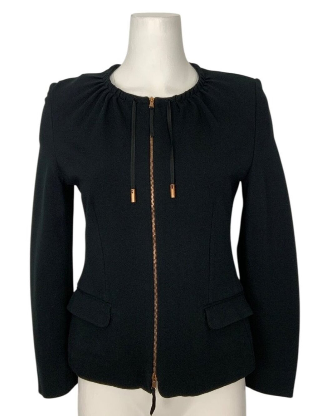 Piazza Sempione Gathered Neck Jacket Blazer 40 US 4 Black Zip Front
